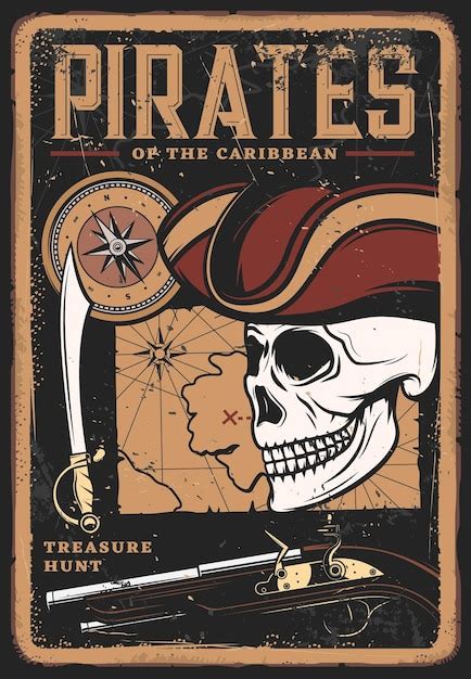 Premium Vector | Pirates vintage poster skull in hat treasure map