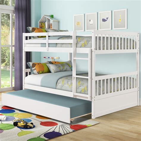 Solid Wood Bunk Beds for Kids, SEGMART White Full over Full Bunk Bed with Trundle, Solid Wood ...