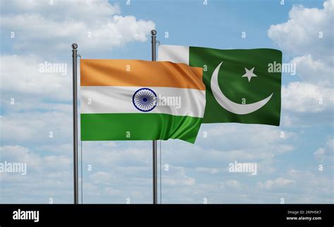 Pakistan flag and India flag waving together on blue sky, two country ...