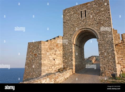 Monumental entrance of medieval fortress of Kaliakra. Bulgaria. Cape of Kaliakra is a long and ...