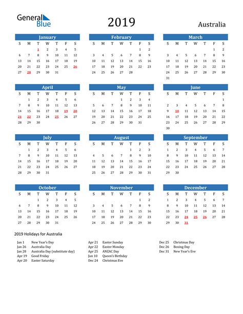 2019 Australia Calendar with Holidays