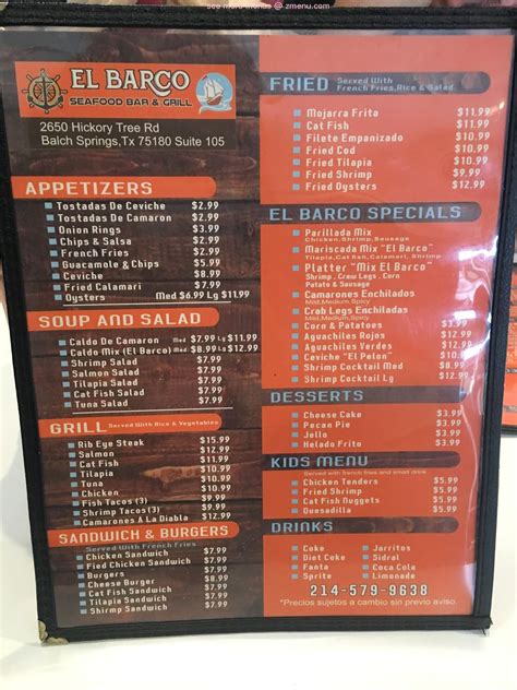 Menu at El barco Seafood Bar & Grill.”, Balch Springs