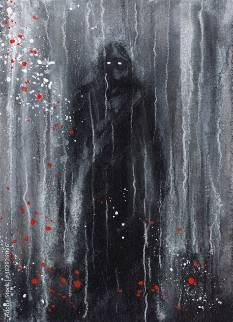 Black Shadow of the scary man. Art print and card. Horror Watercolor ...