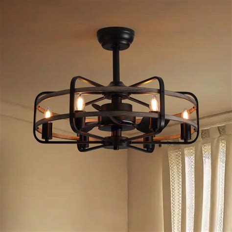 ANTOINE 25 in. Black Farmhouse Ceiling Fan Caged Ceiling Fan Indoor with Lights and Remote Wood ...