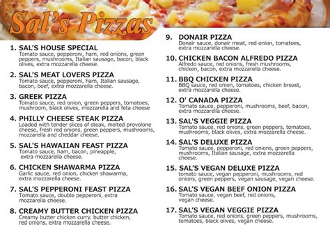 Sal's Pizza Menu