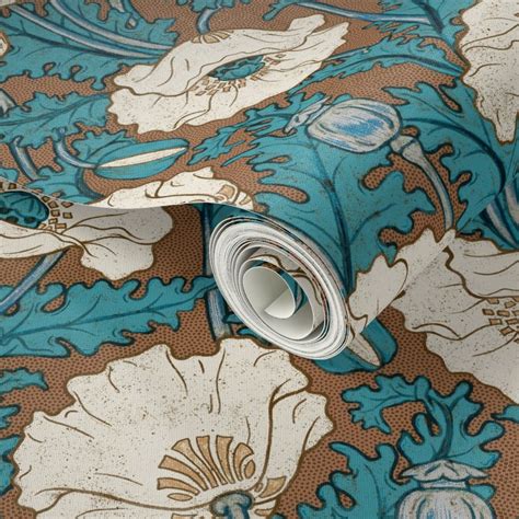 Vintage Poppy in cream teal blue rust Wallpaper | Spoonflower