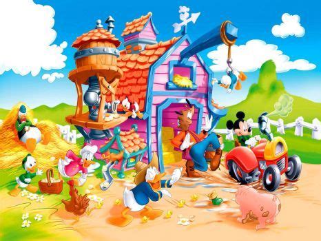 mickey mouse's farmyard with many animals and other things in the background, including a house