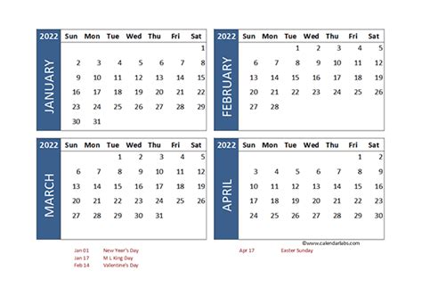 2022 Excel 4 Month Calendar Template - Free Printable Templates