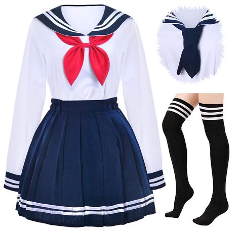 Japanese School Girls Uniform Sailor Navy Blue Pleated Skirt Anime ...