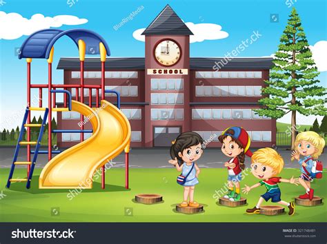 Niños jugando en el patio escolar: vector de stock (libre de regalías ...