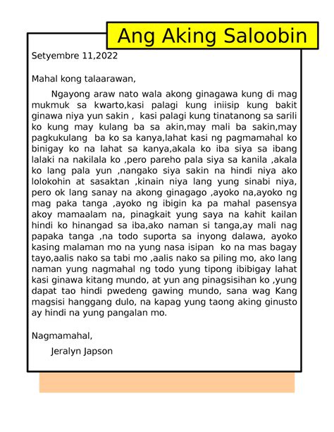 Talaarawan Japson - Given - Ang Aking Saloobin Setyembre 11, Mahal kong talaarawan, Ngayong araw ...