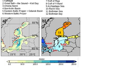 a) Bathymetry of the Baltic Sea. Red boxes indicate the positions of ...