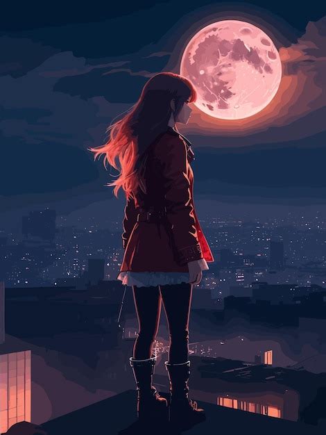 Premium Vector | A girl standing on a rooftop looking at the moon