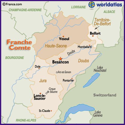 Map of the Franche Comte Region of France Including Besancon Belfort Lons-Je-Saunier and Vesoul ...