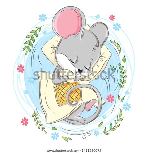 Little Sleeping Mouse Flowers Hand Drawn Stock Vector (Royalty Free) 1411280072