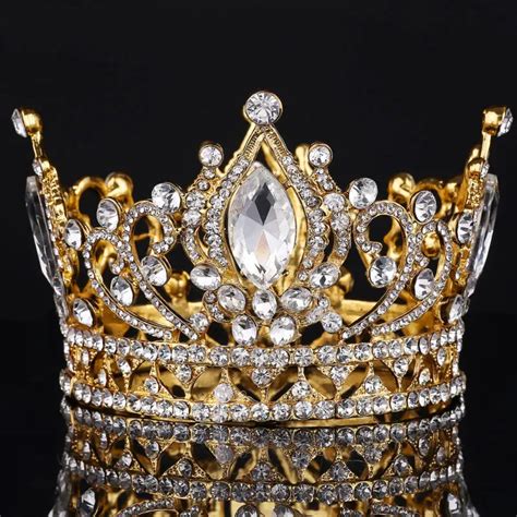 Gran corona real Europea corona de diamantes de imitación de oro Tiara Super grande Quinceañera ...