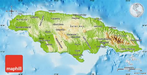 Physical Map of Jamaica, political outside, shaded relief sea