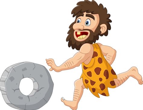 Premium Vector | Cartoon caveman chasing stone wheel