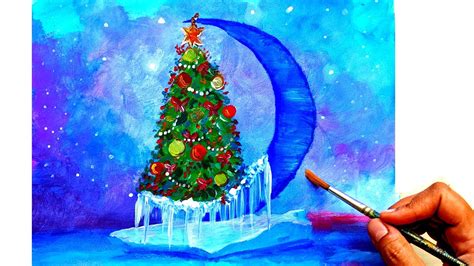 Christmas Tree on a Frozen Moon | Acrylic painting for beginners - YouTube