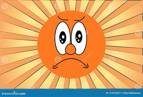 Emotional Orange Round Angry Sad Face Emoji on a Background of Abstract Yellow Rays. Vector ...
