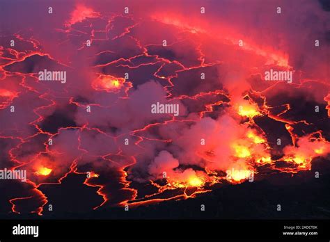 Mount Nyiragongo lava lake. Pattern of cracks on the surface of the ...