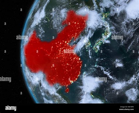 Night map of China as seen from space on planet Earth. 3D illustration ...