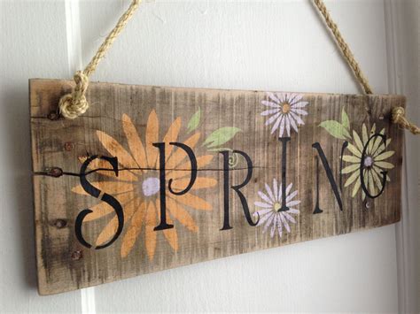 Distressed Natural Rustic Spring Hanging Sign with Flowers made from Pallet Wood Reclaimed ...