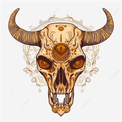 Longhorn Skull Vector, Sticker Clipart Horned Bull Skull With Ornate ...