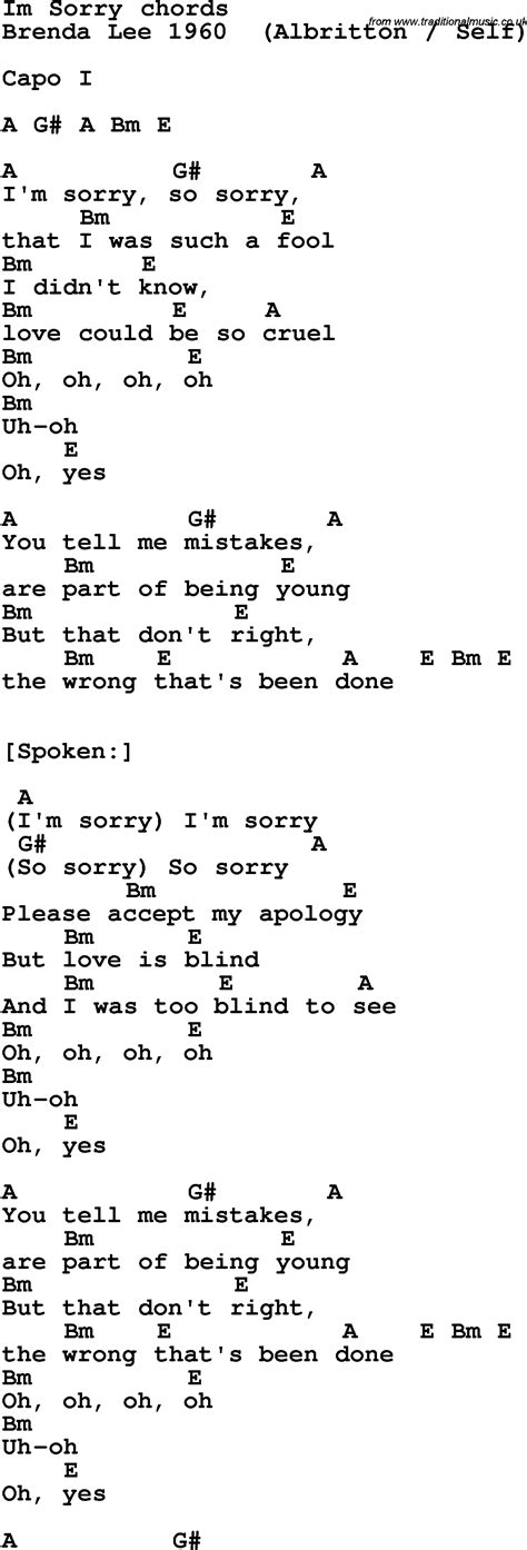 Song lyrics with guitar chords for I'm Sorry