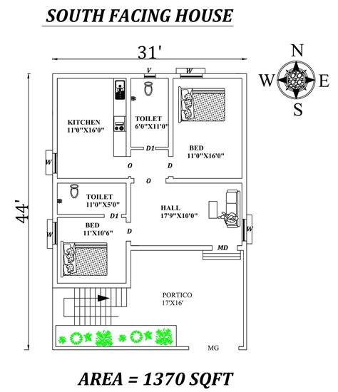 31'x44' 2bhk Awesome South facing House Plan As Per Vastu Shastra ...