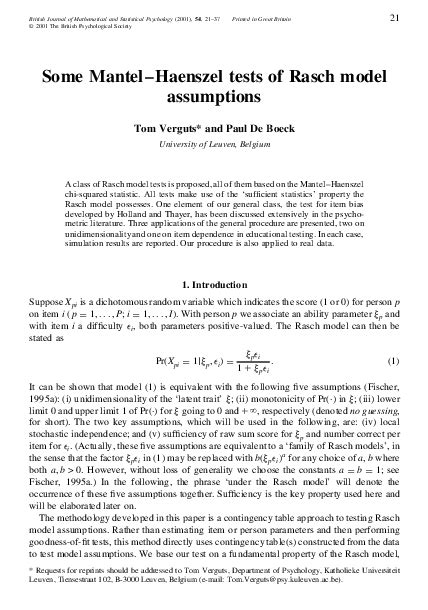 (PDF) Some Mantel‐Haenszel tests of Rasch model assumptions | Tom ...