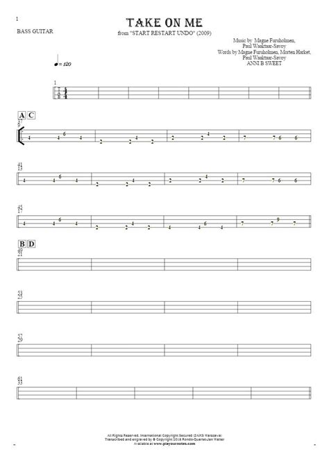 Take On Me - Tablature for bass guitar | PlayYourNotes | Bass guitar ...