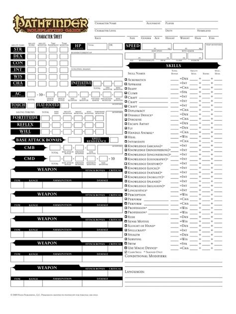 Editable Pathfinder Character Sheet