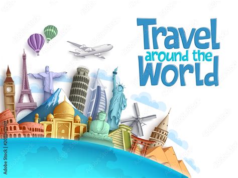 Travel around the world vector background and template with famous landmarks and tourist ...