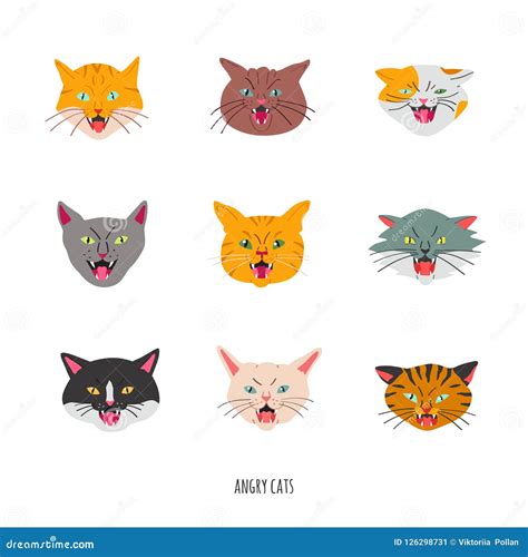 Angry Hissing Cat`s Head Set. Doodle Style. Stock Vector - Illustration ...