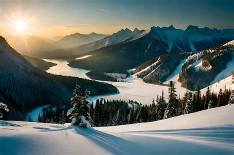 Premium AI Image | a sunrise over a snowy landscape with mountains in ...