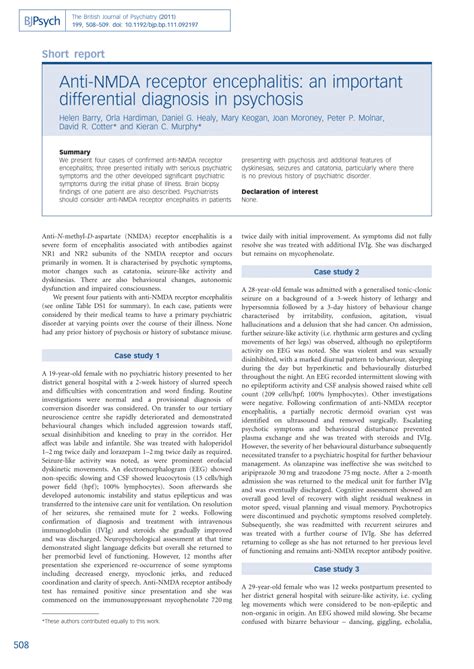 (PDF) Anti-NMDA receptor encephalitis: An important differential diagnosis in psychosis