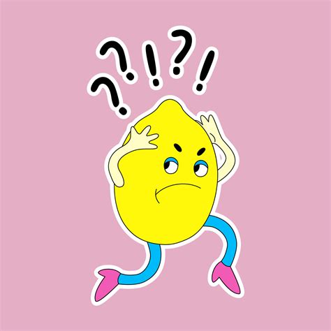 Funny cartoon character Lemon with unresolved questions in his head. Cute retro-style fruit ...