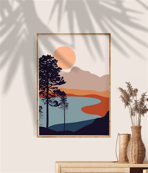 Mid century modern art print set of 2 landscape Sun mountain | Etsy