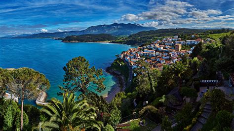 Photo Spain Lastres Asturias Mountains Coast Trees Houses 1920x1080