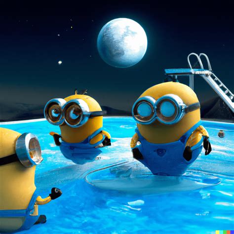 Realistic photo of Minions playing in a great swimming pool on the ...