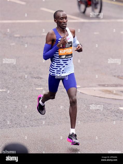 Kelvin Kiptum on their way to winning the Men's elite race during the TCS London Marathon ...