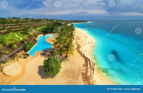 Aerial View of Sea Coast. Sandy Beach with Pool Stock Photo - Image of ...