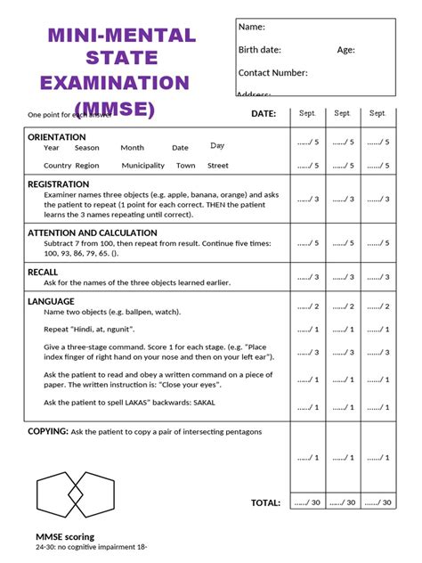 MMSE Printable Mini Mental State Examination | PDF | Urinary Incontinence | Psychology