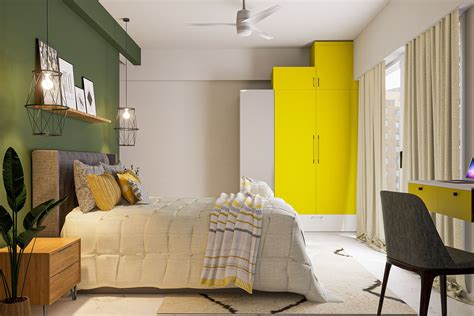 Modern Spacious Yellow And Green Themed Master Bedroom Design | Livspace