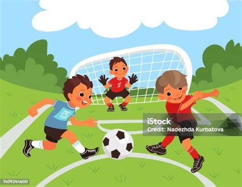 Children Soccer Boys Play Sport Competitive Game On Park Goalkeeper And Little Football Players ...