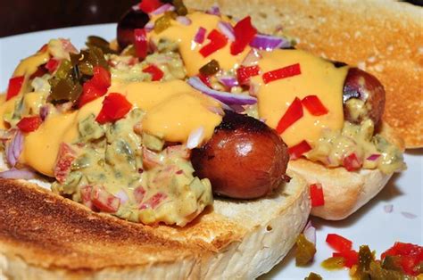 Mmm...hot dogs with mustard relish and cheese sauce | Flickr