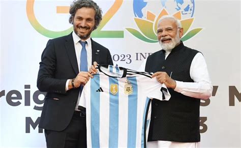 Argentina Foreign Minister Gifts National Football Jersey To PM Modi