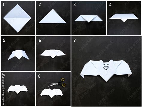 Step-by-step photo instruction origami bat . Halloween party. Children's art project. DIY ...