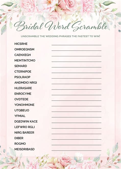 Free Printable Bridal Shower Games Word Scramble